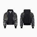 Street trend loose fit printed polyester trousers and hoodie set shown in three colour options