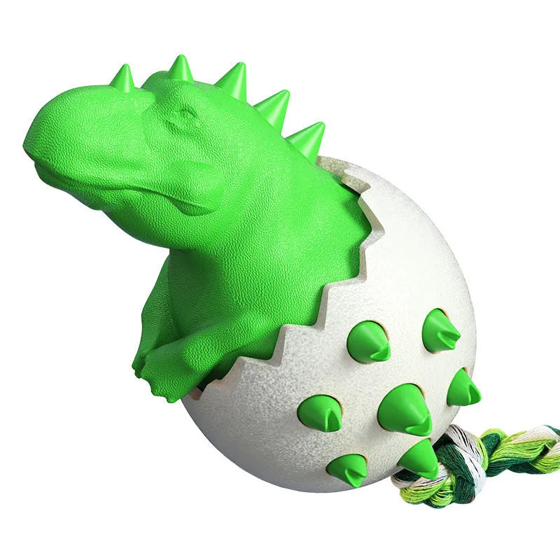 Blue dinosaur-shaped dog chew toy with textured nubs and a green rope tail for fetch or tug.