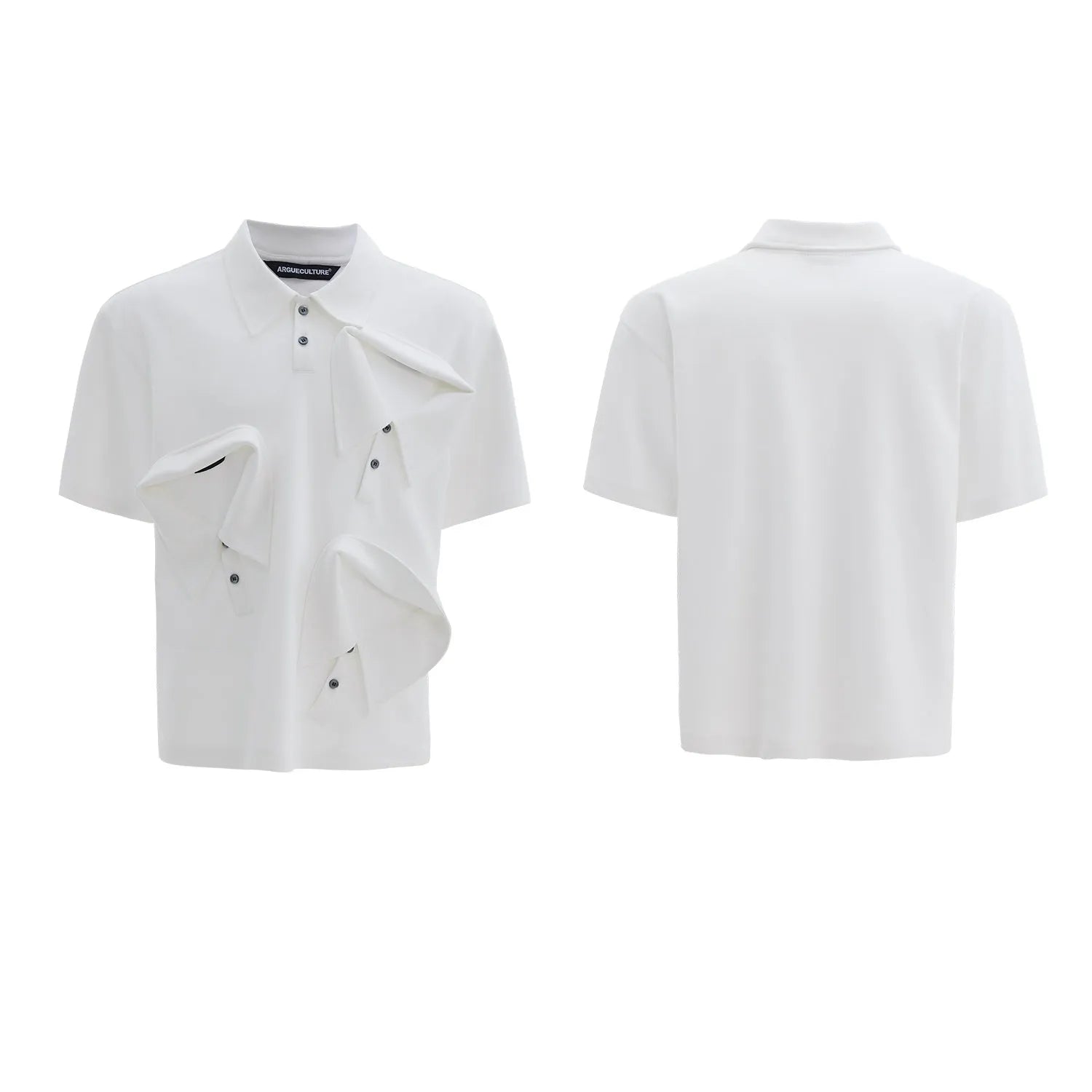 Men's loose fit deconstructed polo shirt with geometric print in black, gray, or white.