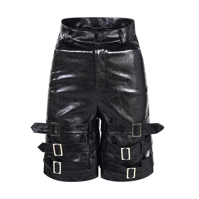Men's black PU leather shorts with ring detailing, cropped casual design