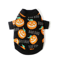 Black dog sweater with orange pumpkin print for Halloween, shown on a mannequin.