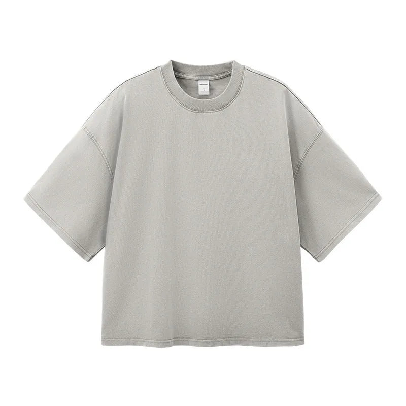 Men's loose fit cotton T-shirt in khaki colour with vintage wash texture and drop-shoulder sleeves