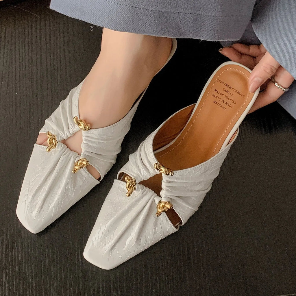 Women's leather half-toe slippers with square toe design in metallic colours