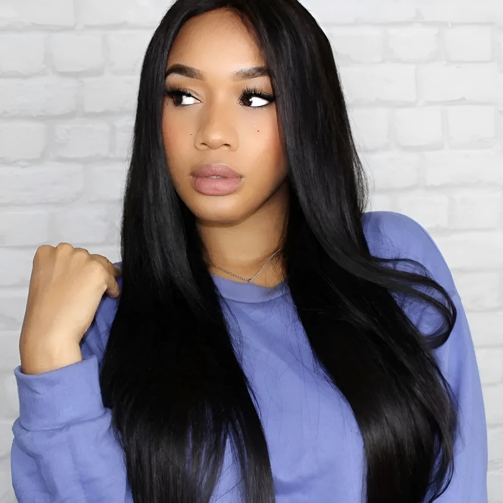 Women's long straight synthetic wig with centre part and bangs in black colour