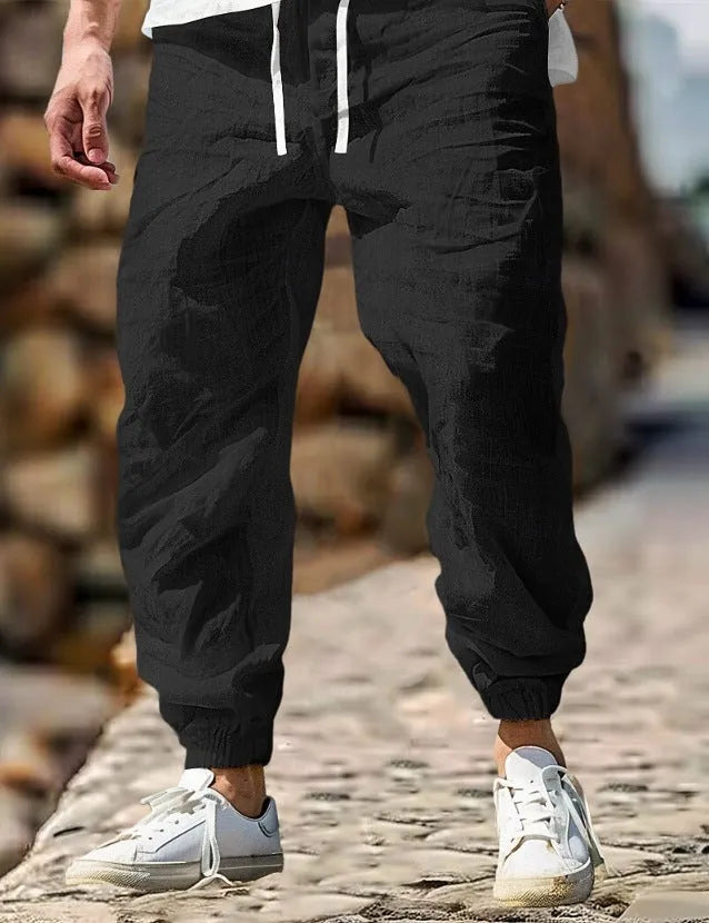 Men's elastic waist summer trousers in straight cut design showing army green colour option