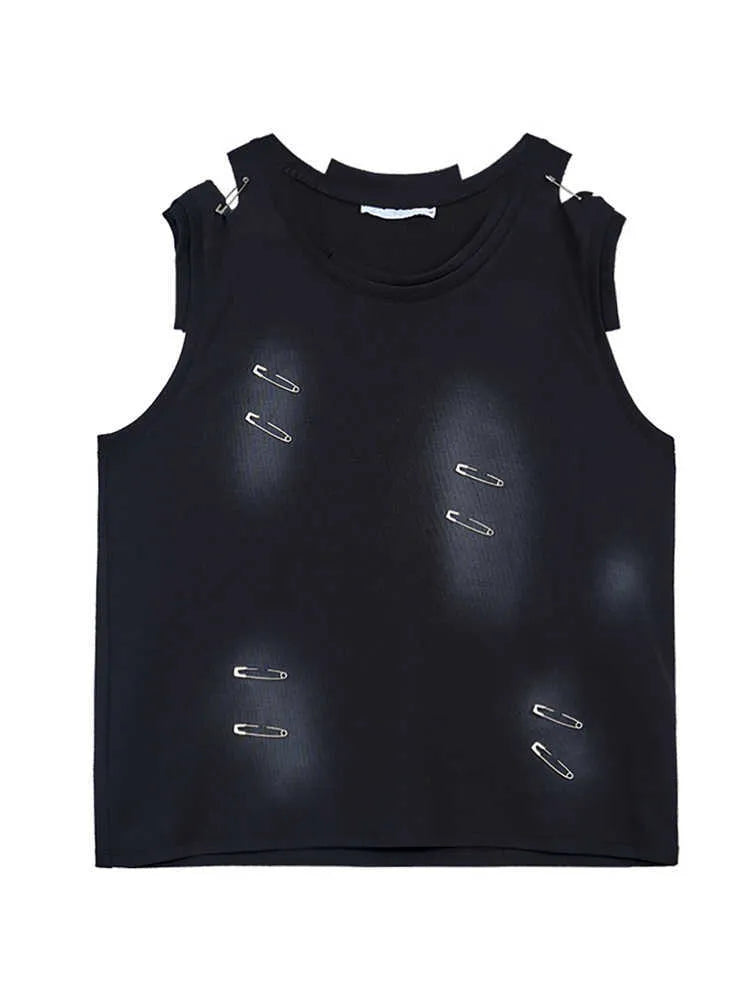 Men's black sleeveless vest t-shirt with irregular rip cut detail and round neck collar.
