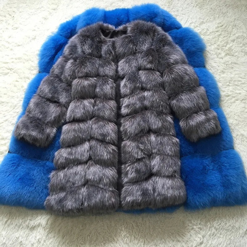 Women's thick artificial fur coat in apricot colour with regular sleeves