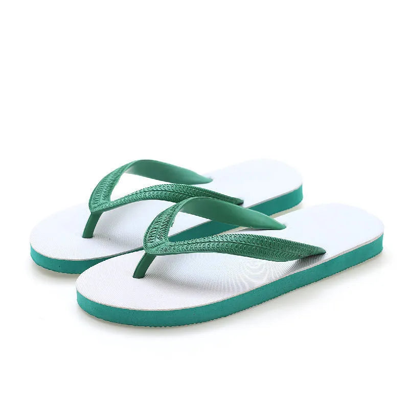 Rubber flip-flops with fish label design in green, red, blue, or black colours on a simple background.