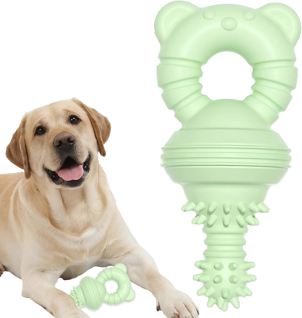 Blue rubber dog chew toy with bell and concave-convex molar design for teeth cleaning.