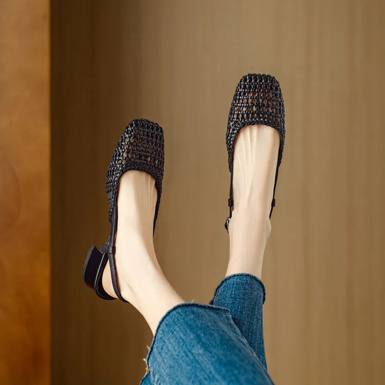 Women's black woven sandals with a chunky 4cm heel, closed square toe, and an ankle strap with a buckle.