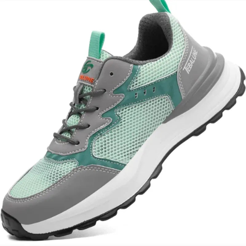 Green plastic steel toe safety shoes with mesh panels and slip-on design for work protection