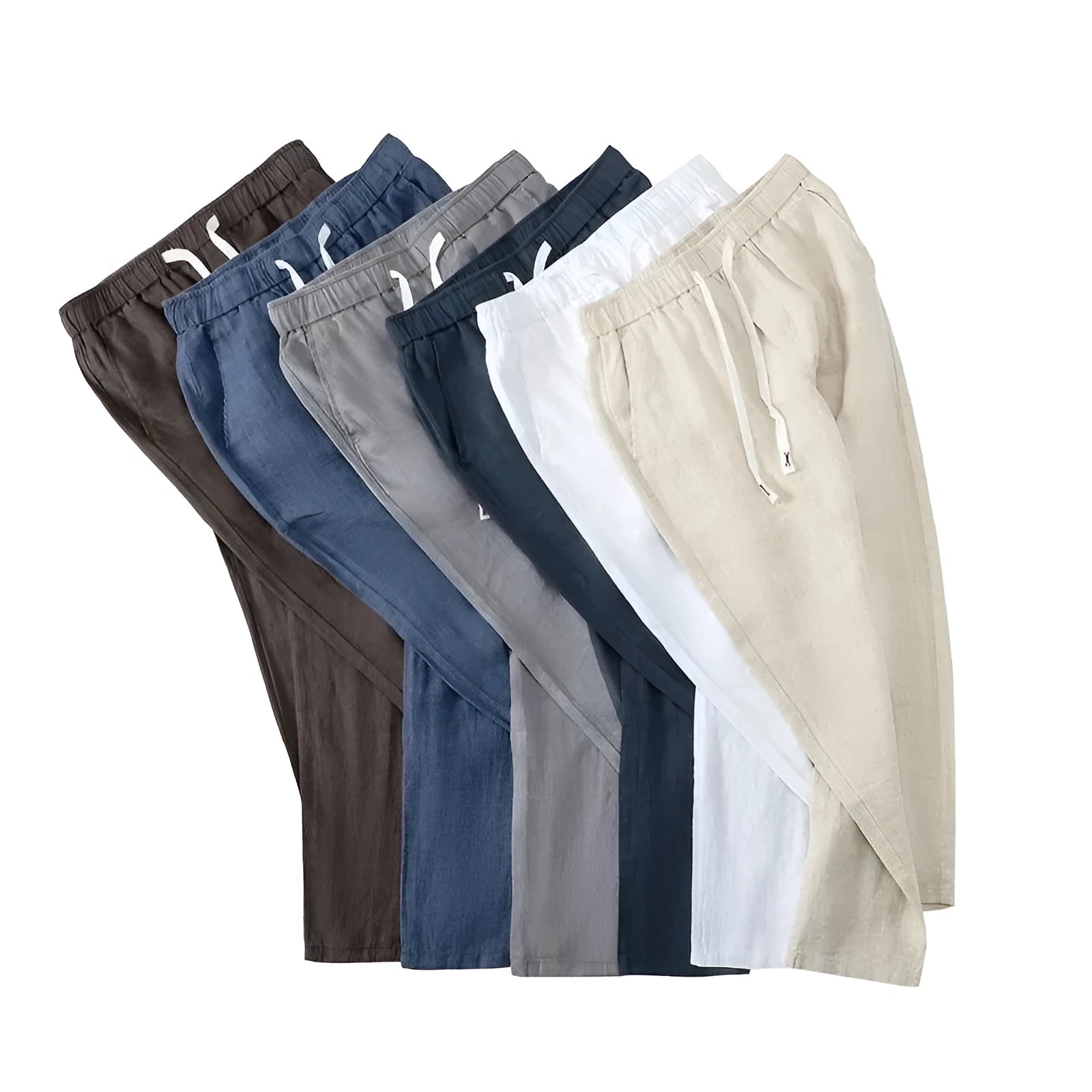 Pure linen Chinese-style straight leg trousers with a drawstring waist in apricot colour.