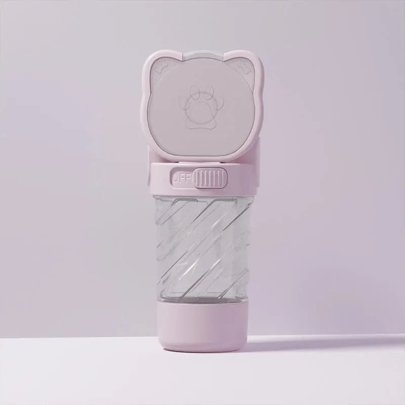 Green 3-in-1 portable pet water bottle with food container and waste bag dispenser showing rotary switch