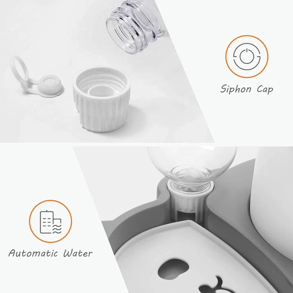 Grey panda-shaped pet feeder with tilted stainless steel bowls and a green automatic water bottle.
