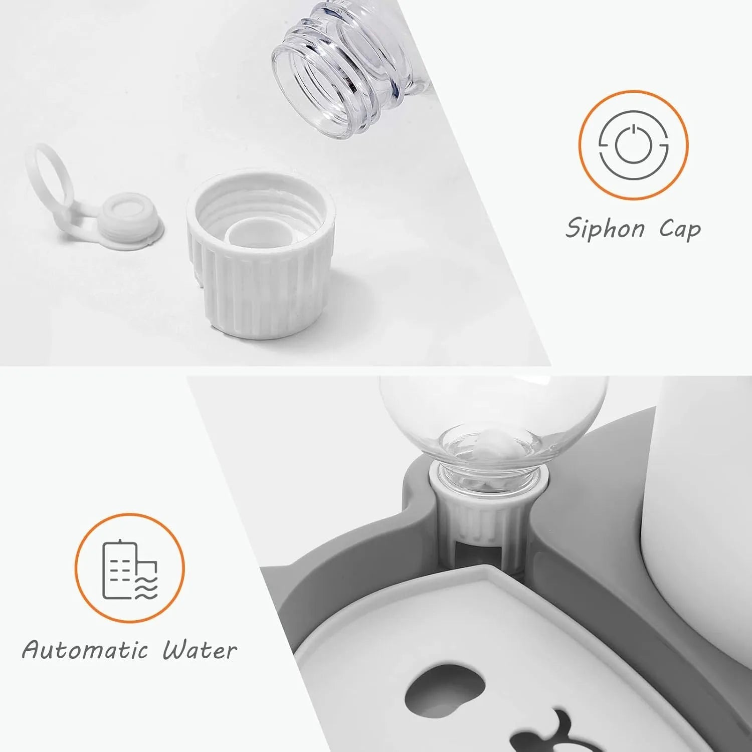 Grey panda-shaped pet feeder with tilted stainless steel bowls and a green automatic water bottle.