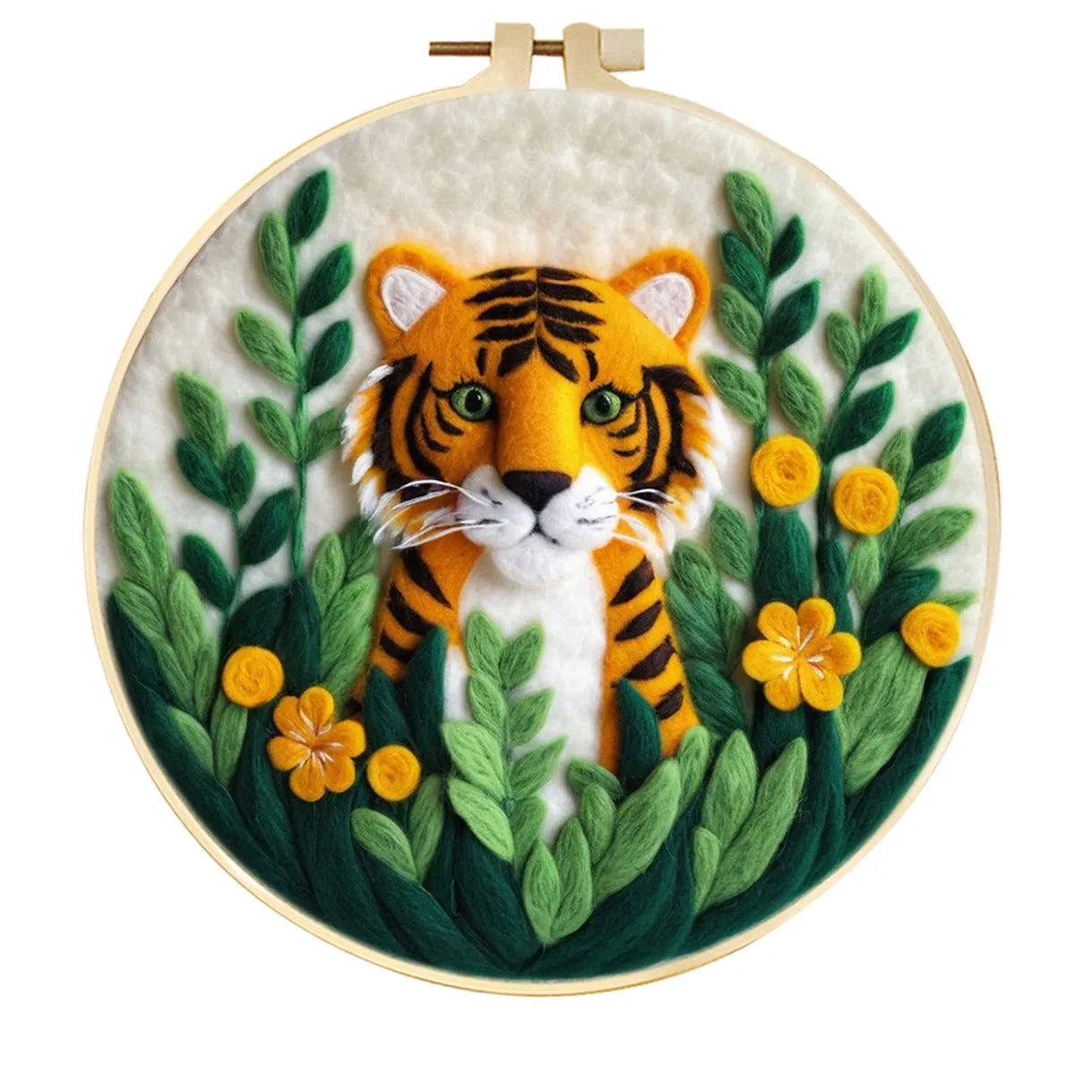 Round linen embroidery kit with wool felt pieces for 3D flowers and leaves, includes a free frame.