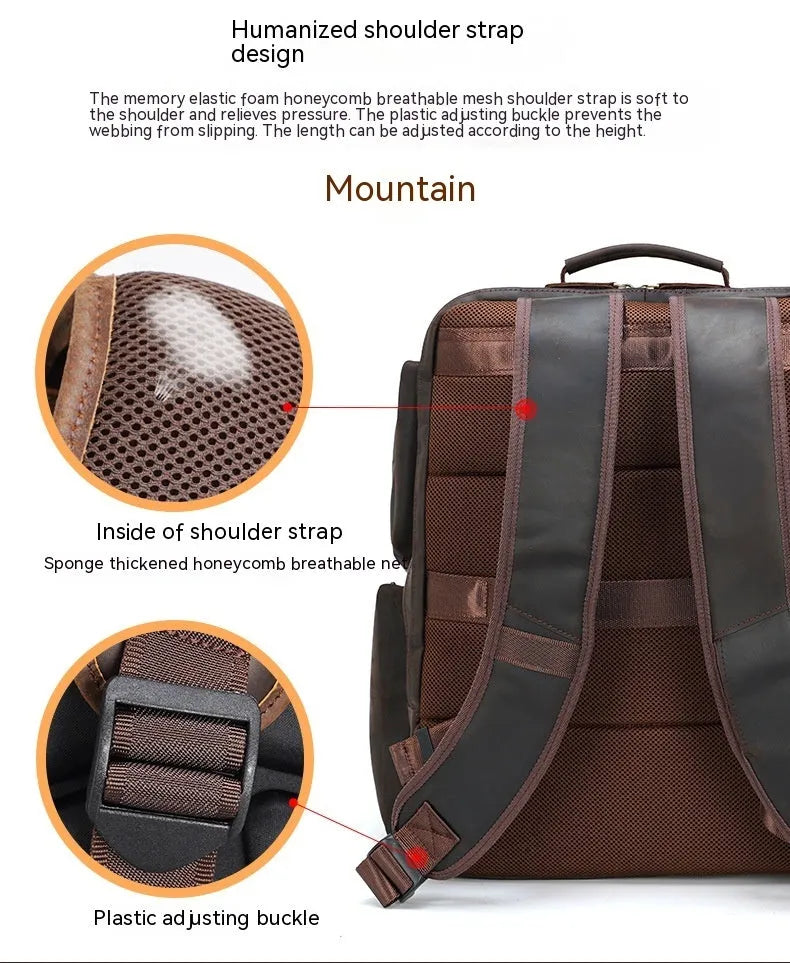 Dark brown men's genuine leather backpack for a 17-inch computer with retro crazy horse texture.