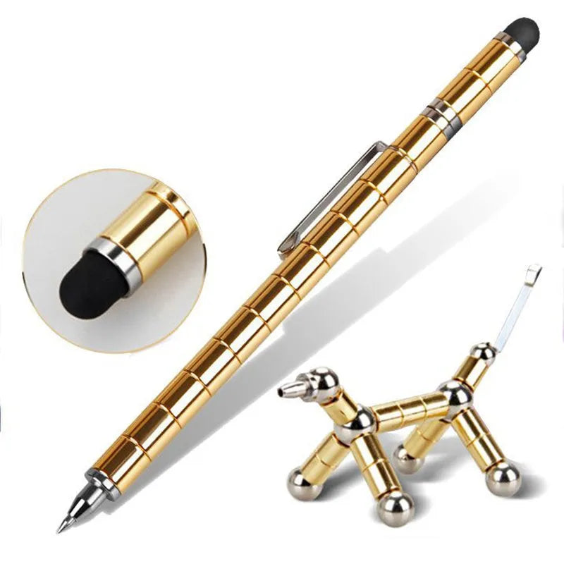 Magnetic polar pen with modular rings, steel balls, and capacitive tip in silver iron box packaging