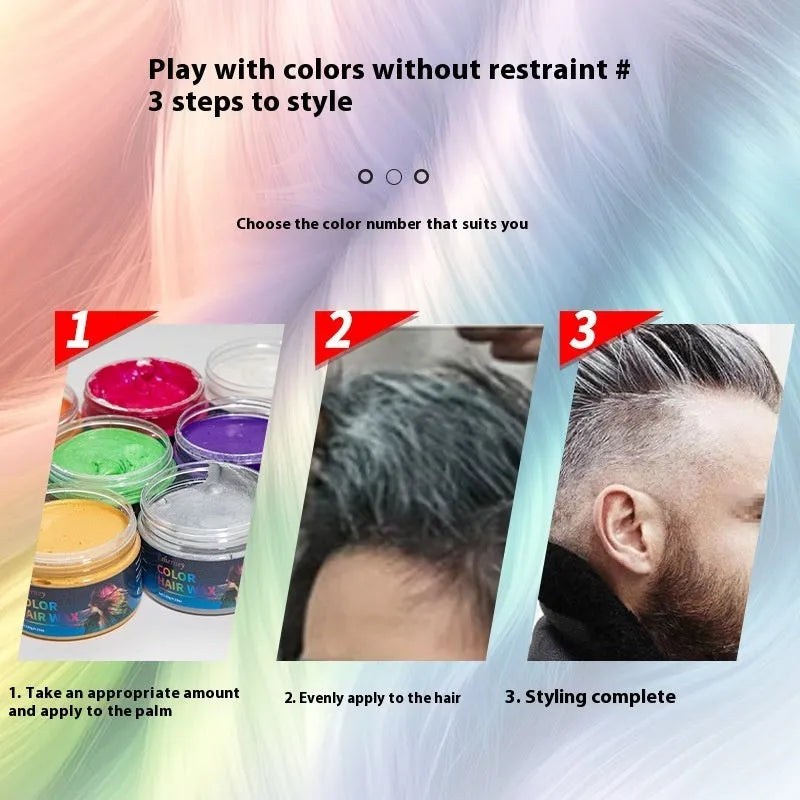 120g hair styling clay pot showing colour options including white, orange, red, yellow, blue, green, purple, rose red, and granny grey