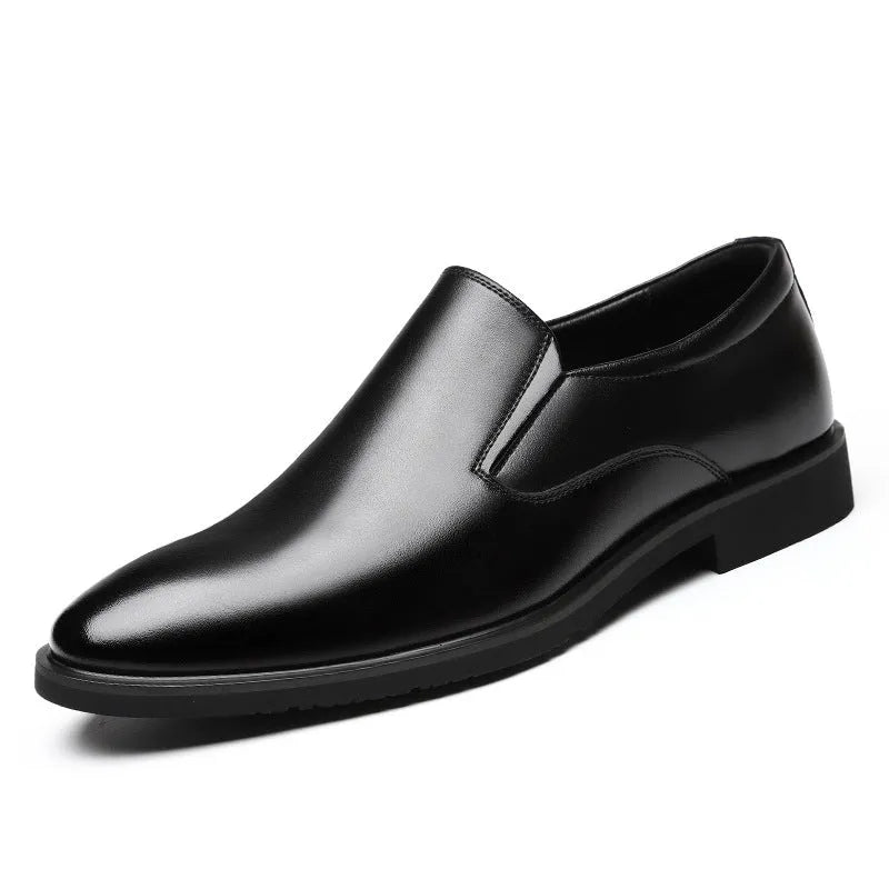 Men's black business casual slip-on shoes with leather toe cap and rubber sole