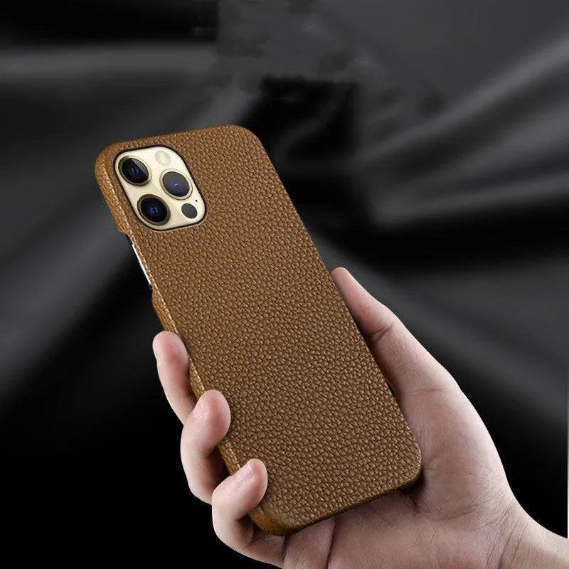 Genuine leather protective case for iPhone in multiple colours, showing simple design and half-break style.