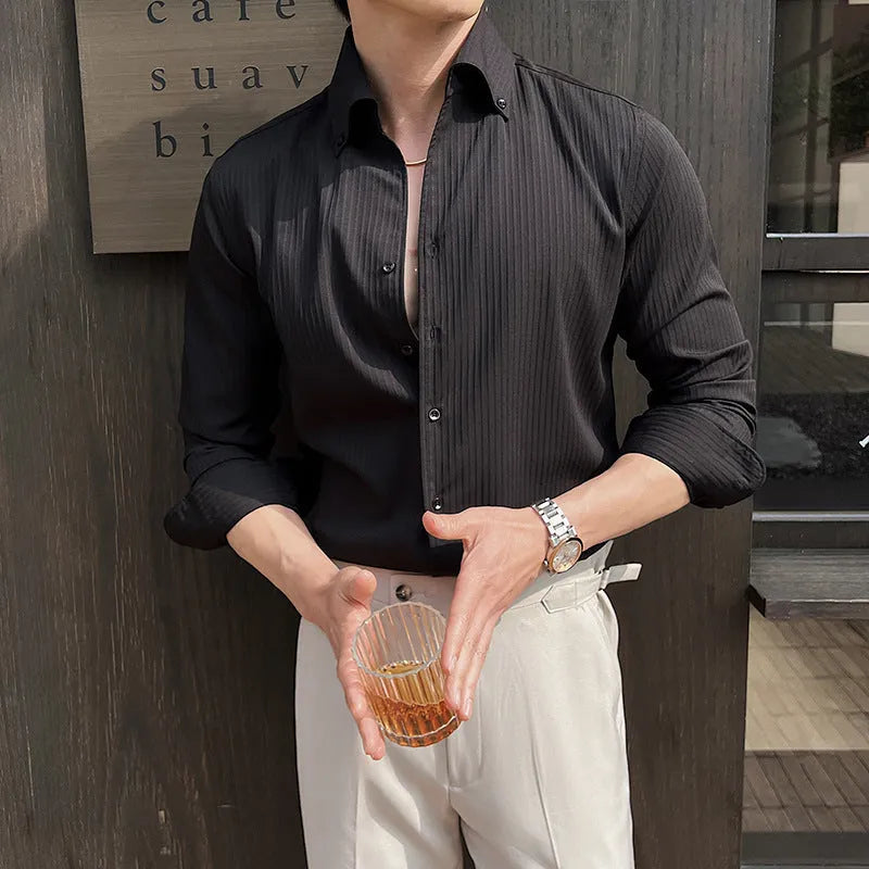 Men's black striped V-neck long sleeve shirt in regular fit cardigan style
