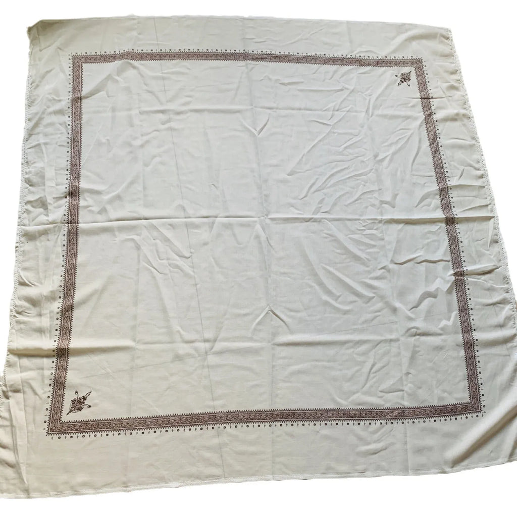 Printed square polyester scarf showing coffee colour option laid flat to display 138cm dimensions