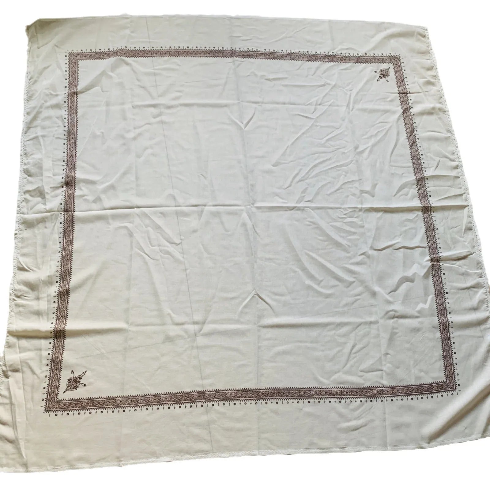 Printed square polyester scarf showing coffee colour option laid flat to display 138cm dimensions