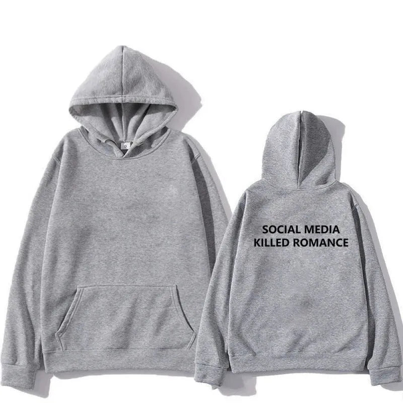 Slim fit men's grey hoodie with a white spring letter pattern print on the front, featuring a hood and long sleeves.