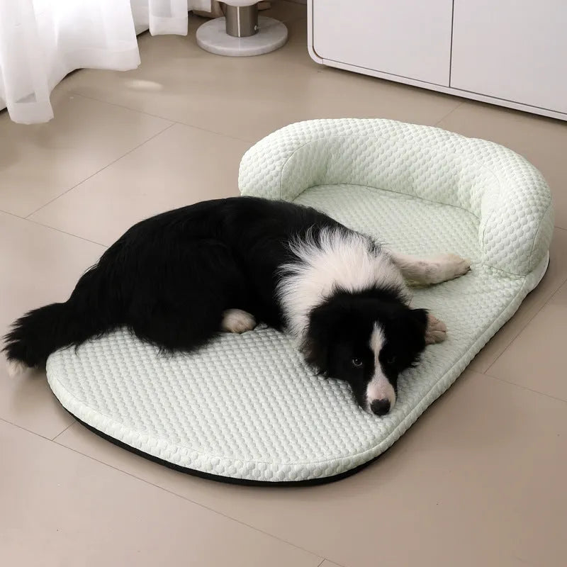 Summer pet cooling mat in blue with breathable ice peas fabric for dogs, shown on a flat surface.