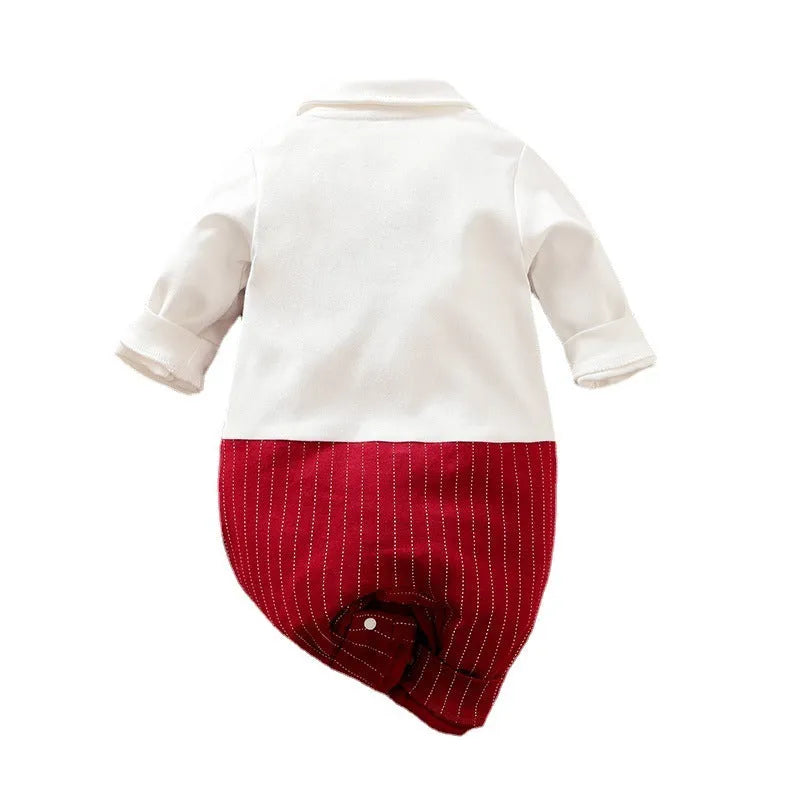 Wine red cotton baby boy romper one-piece suit with long sleeves in gentleman style.