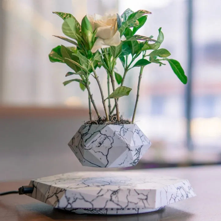 Marble colour levitating plant pot floating and rotating with magnetic technology