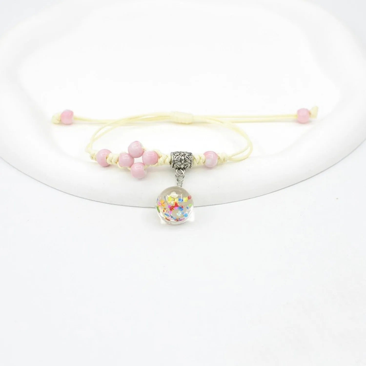 Hand-woven glass bracelet with real dried flowers inside large 1.4cm colored beads for women
