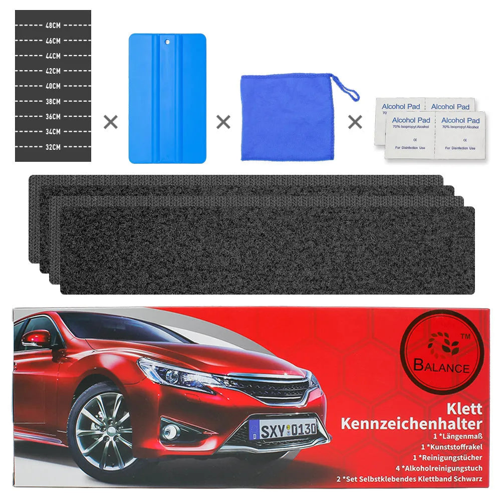 Double-sided adhesive tape for vehicle licence plates showing right-angle shape and Velcro backing