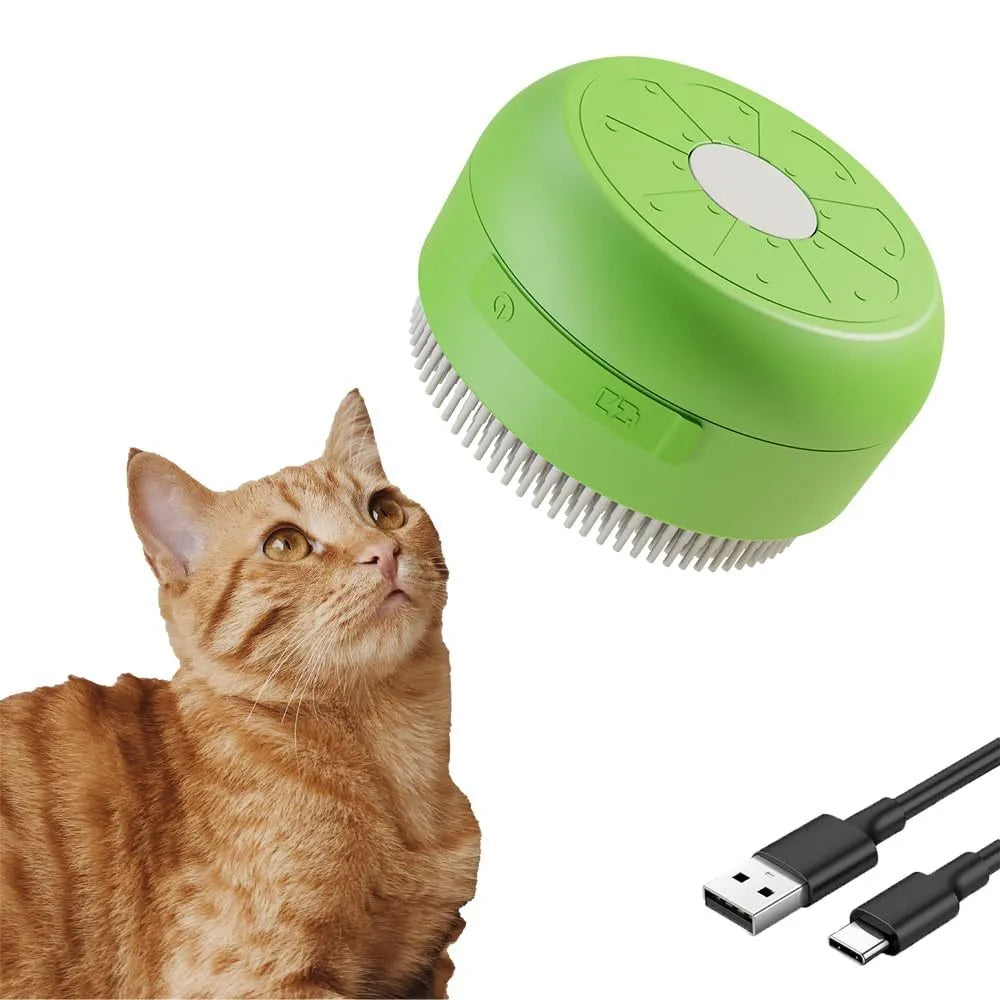 Green rechargeable cat and dog steam brush with soft silicone bristles on a white background.