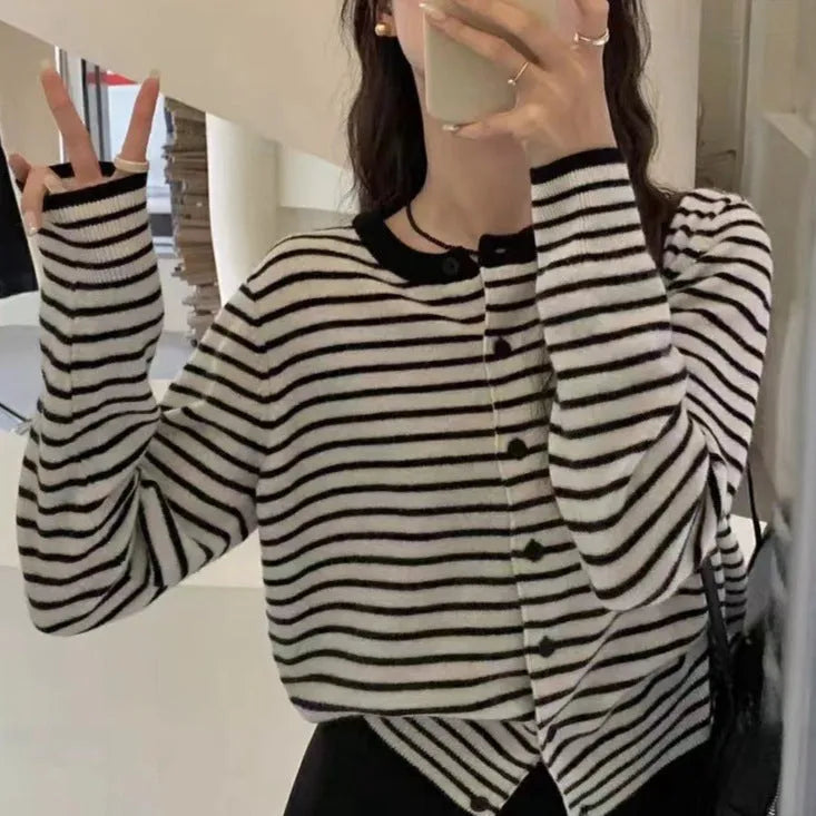 Dark grey and white striped viscose cardigan for women with French style design and slim fit