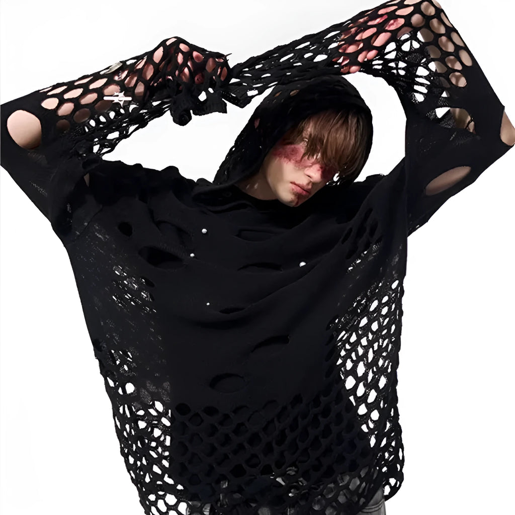 Black men's hoodie with pearl decorative details and loose fit pullover design