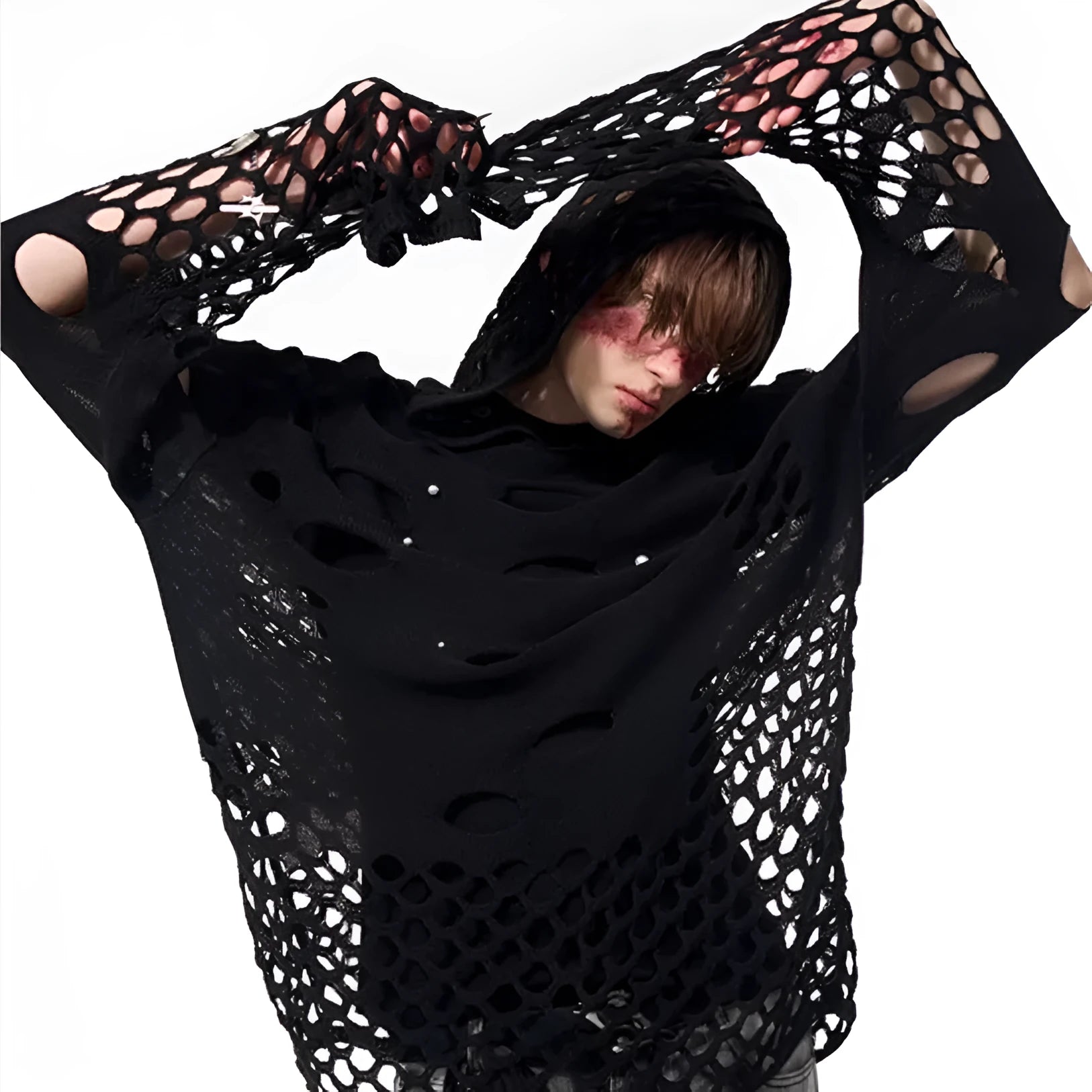 Black men's hoodie with pearl decorative details and loose fit pullover design