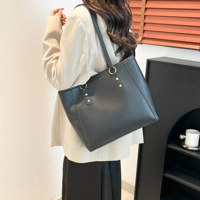 Women's contrast colour PU tote bag with horizontal square shape and large capacity in black, white, khaki, or brown