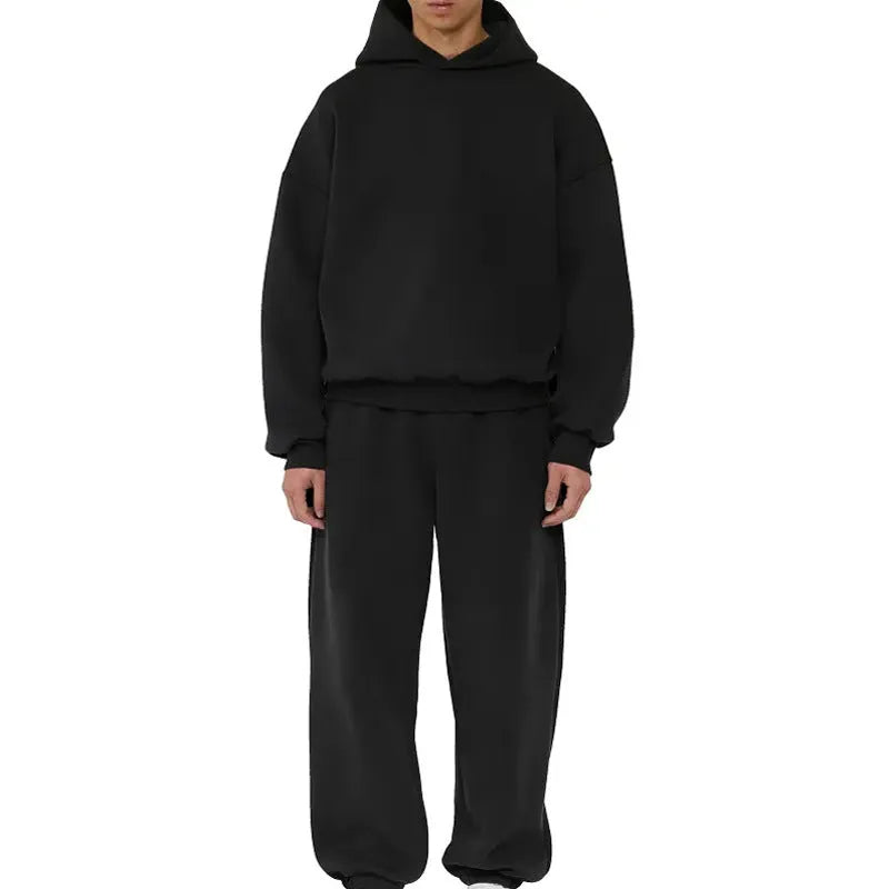 Men's solid colour fleece-lined cotton pullover hoodie with wool lining