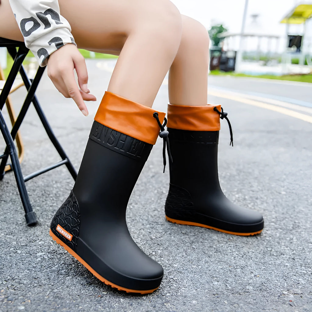 Women's solid colour PVC rain boots with non-slip soles in apricot waterproof mouth colour