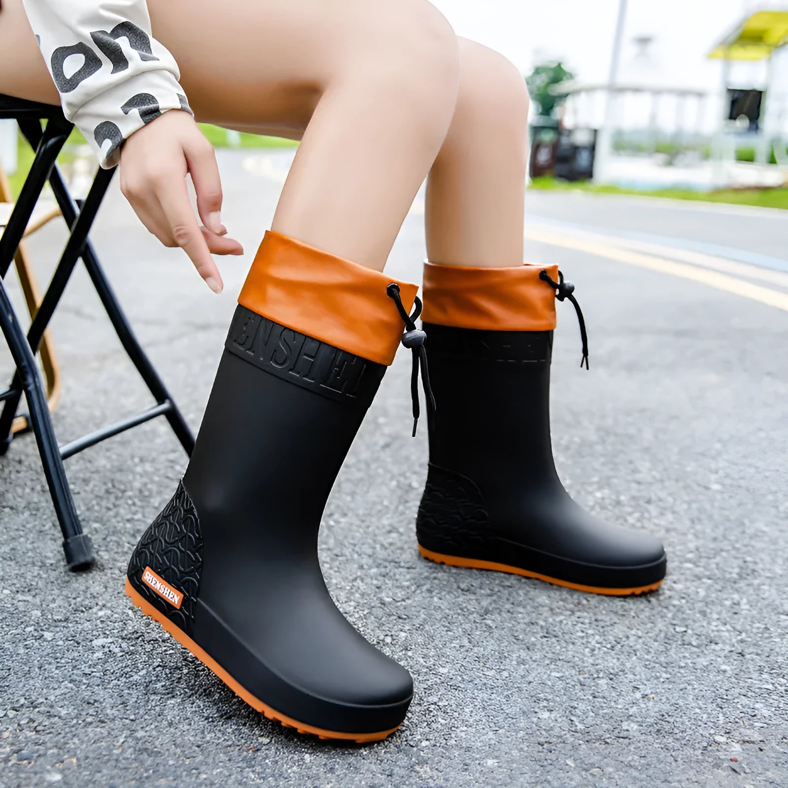 Women's solid colour PVC rain boots with non-slip soles in apricot waterproof mouth colour