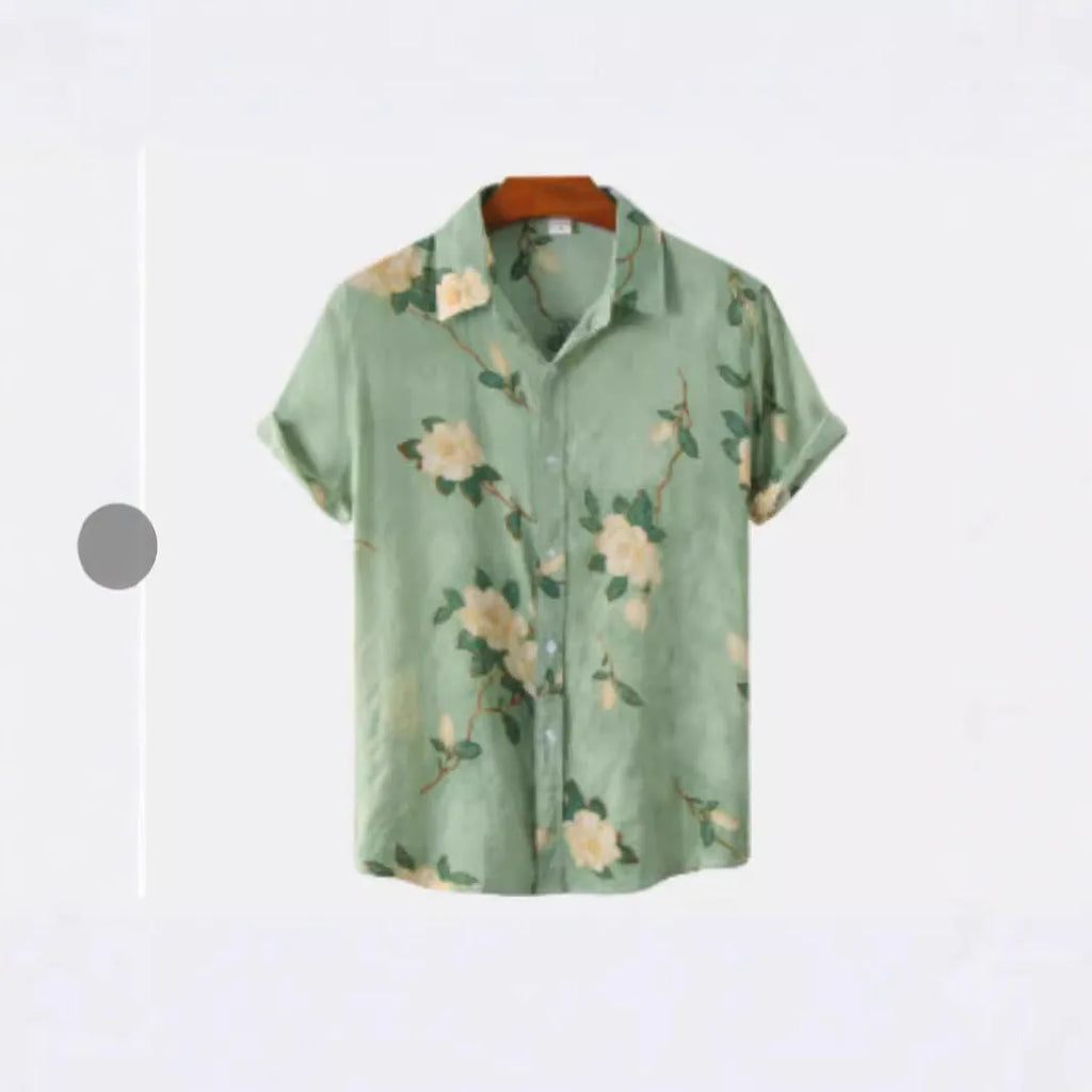 Hawaiian floral print short sleeve lapel cardigan shirt with elastic polyester fabric