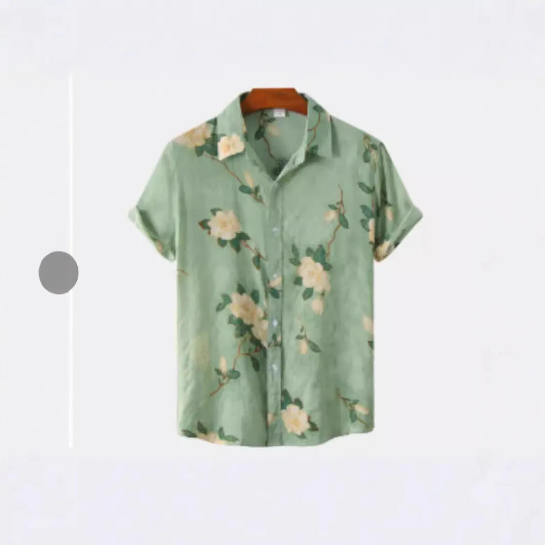 Hawaiian floral print short sleeve lapel cardigan shirt with elastic polyester fabric