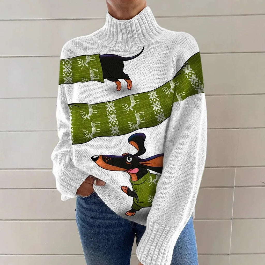 Women's Christmas printed turtleneck sweater with painting pattern in macaron colour