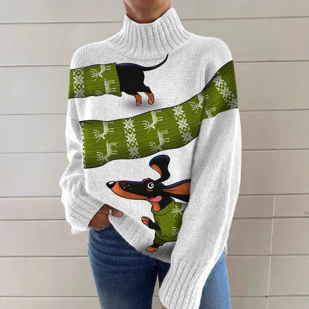 Women's Christmas printed turtleneck sweater with painting pattern in macaron colour