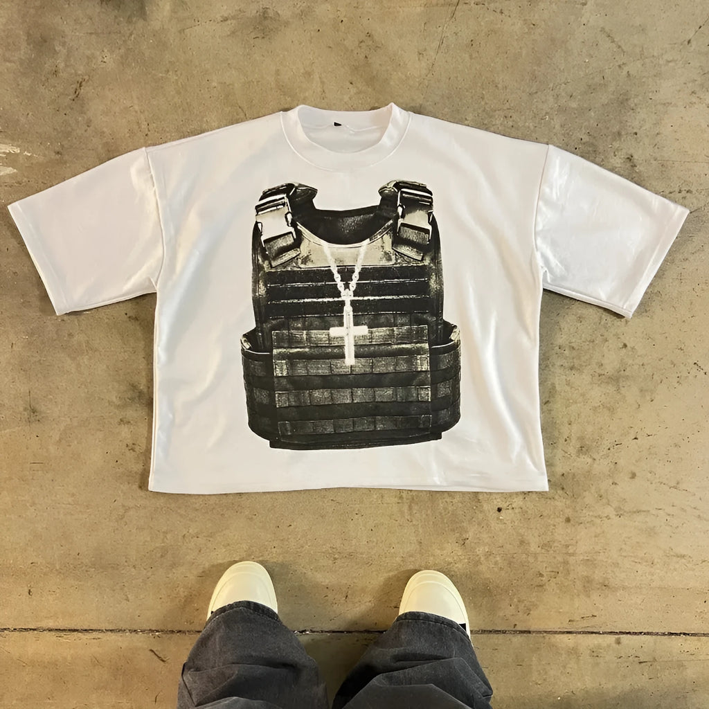 Printed cotton short sleeve T-shirt in retro street style with drop-shoulder sleeves