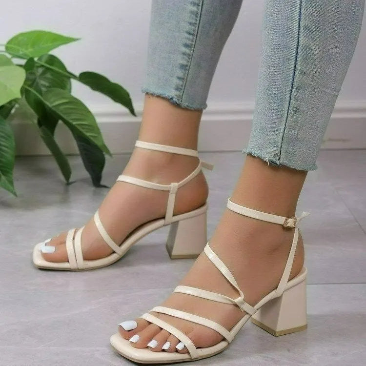 Plus size women's open toe slippers with square toe and ankle buckle strap in beige colour