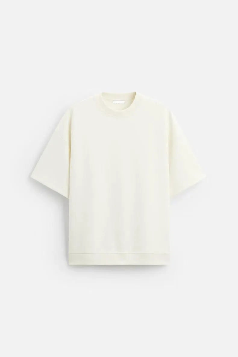 Loose blue polyester T-shirt and matching shorts set on a hanger, showing round neck and double-sided texture.