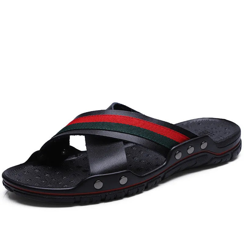 Men's cowhide and PU beach sandals in white, blue, and black colours on a size chart background.